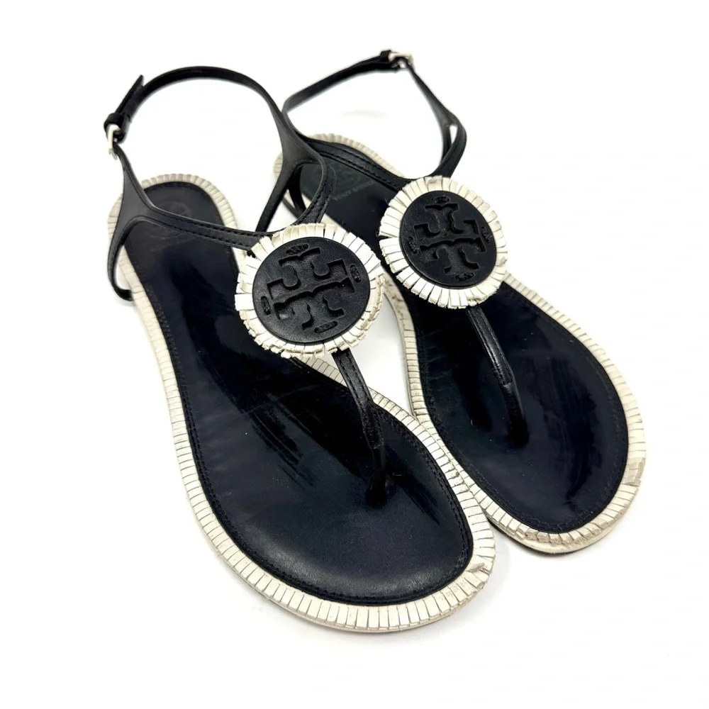 Tory Burch Miller Fringe Ankle Strap Sandals - Black & Off White